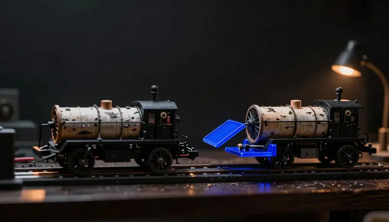 A miniature test bench with one machine running normally and a second machine jamming into a glowing blue catch tray, showing what a production-ready AI agent needs when it fails.