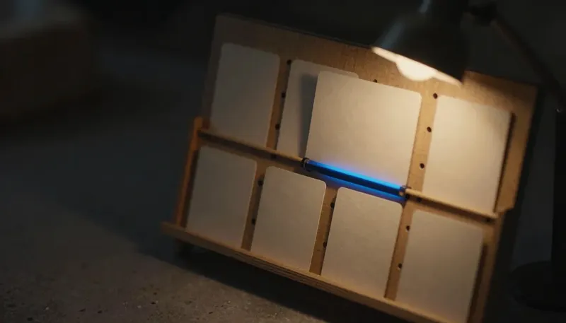 Miniature night diorama: close-up of a pegboard of blank paper travelers feeding one by one into a slim cobalt scanning slot beside a CNC mill