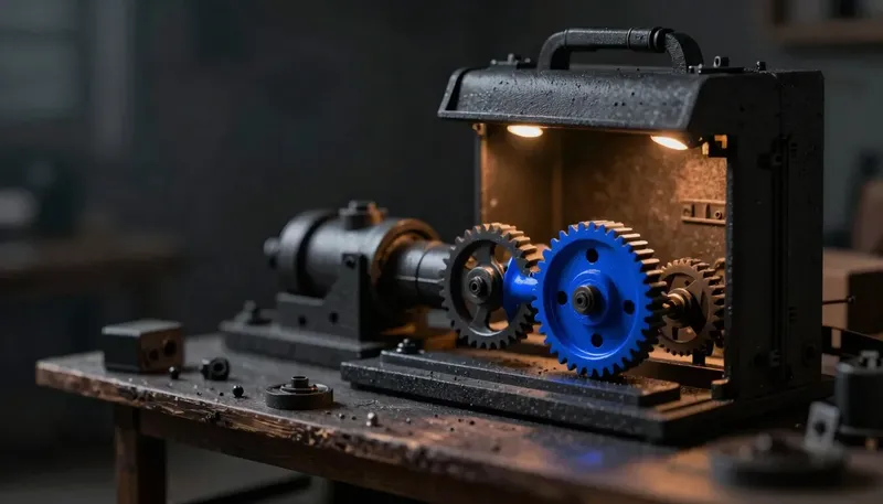 Miniature night diorama: close-up of an unbranded machine case being lowered over a running cobalt gear train on a studio bench