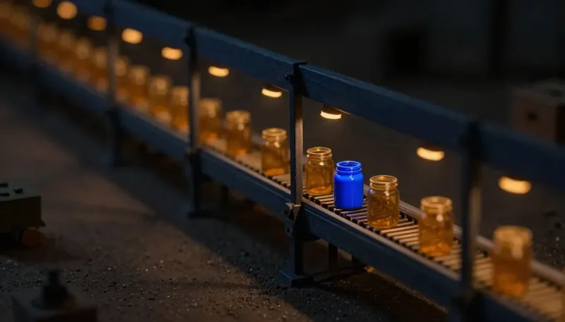 Miniature night diorama: close-up of a brass stopwatch beside a records drawer spilling blank lot cards onto a cobalt retrieval rail