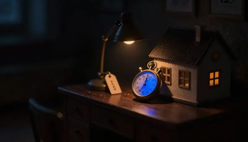 Miniature night diorama: a brass stopwatch on a leasing desk beside a model house and key tag, sweep hand cobalt.
