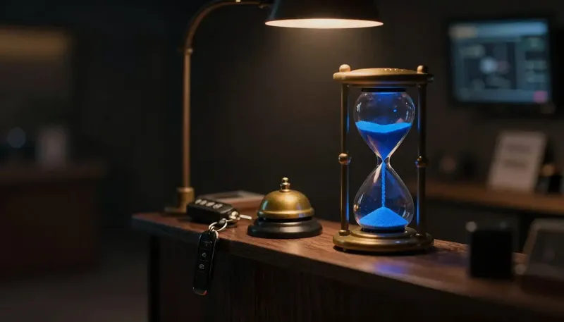Miniature night diorama: a brass sand timer on a dealership counter with a car key and bell, the falling sand cobalt.