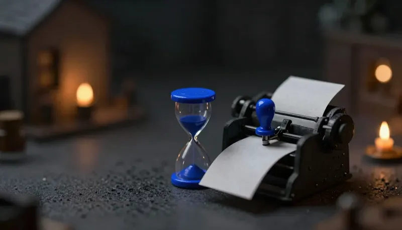 Miniature night diorama: close-up of an hourglass beside a small estimate press stamping blank sheets, the press head cobalt, trailer bokeh