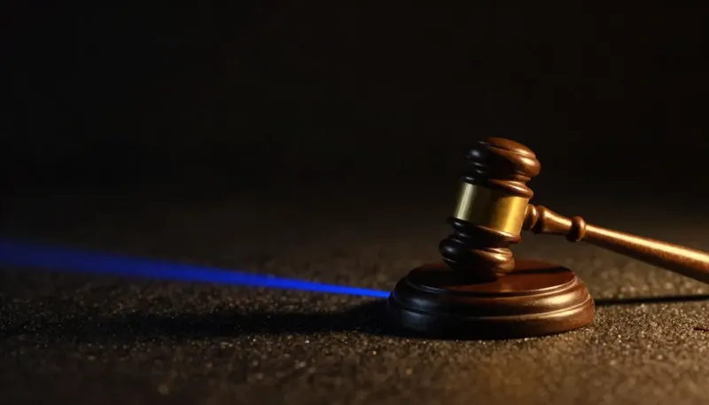 Miniature night diorama: close-up of a brass stopwatch beside a telephone whose amber handset lifts on a cobalt arm, gavel bokeh