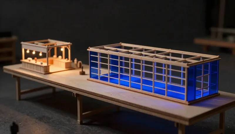 A miniature workbench shows a small finished showroom model beside a much longer unfinished frame built around a glowing blue support core, showing that the demo is fast but the real build takes longer.