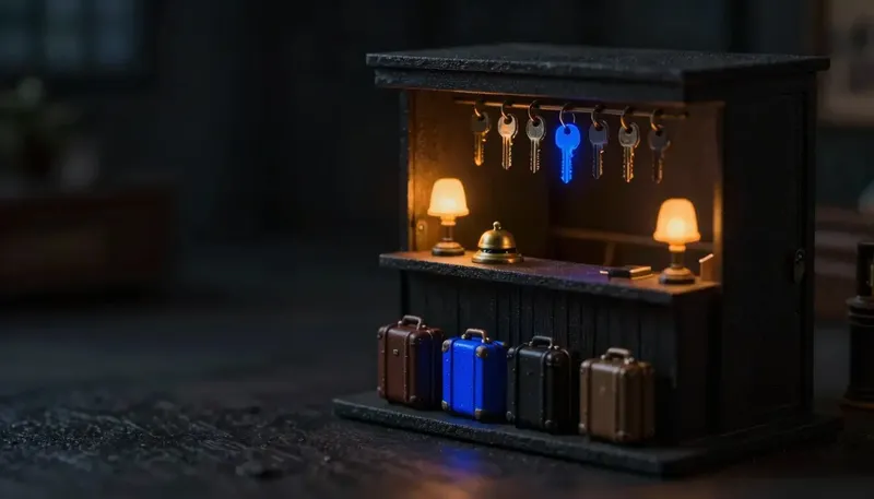 Miniature night diorama: a hotel front desk with a brass bell, queued suitcases and a key rack, one key glowing cobalt.