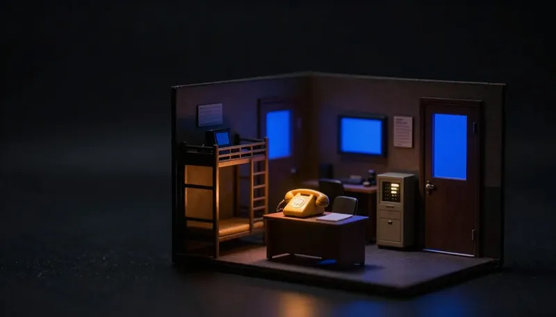 Miniature night diorama: a dark office with a rotary phone glowing amber on an empty desk and three small doors on the back wall, one machine cabinet window glowing cobalt.