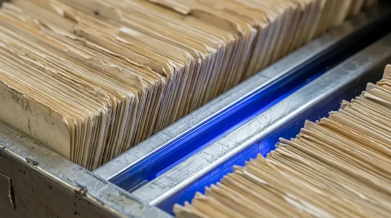 A library card catalogue drawer pulled open, index cards fanned upright, blue light along the rail.