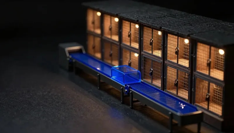 A miniature warehouse of separately locked cages feeding one gated glowing blue conveyor shows why keeping each customer's data isolated comes before anything else when adding retrieval to software.