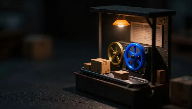Miniature night diorama: parcels rolling past a brass counting wheel into a crate, the wheel glowing cobalt.