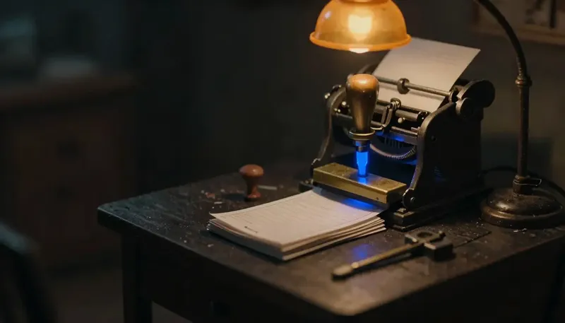 Miniature night diorama: a brass press over a stack of blank pay-app sheets on a plan table, its plunger glowing cobalt.