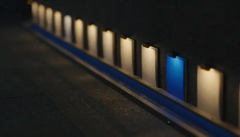 Miniature night diorama: close-up of a pneumatic-tube array delivering blank documents into labeled-less trays, one tube glowing cobalt