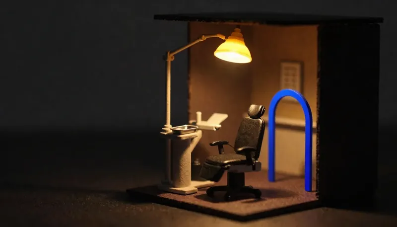 Miniature night diorama: close-up of blank benefit forms threading a verification gate between a phone and a file carousel, the gate cobalt