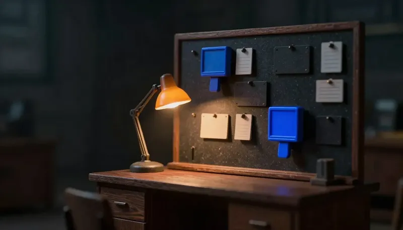 Miniature night diorama: a dispatch desk with a wall board of blank job pegs and tiny van tokens under an amber lamp, one cobalt peg sliding into a truck row.