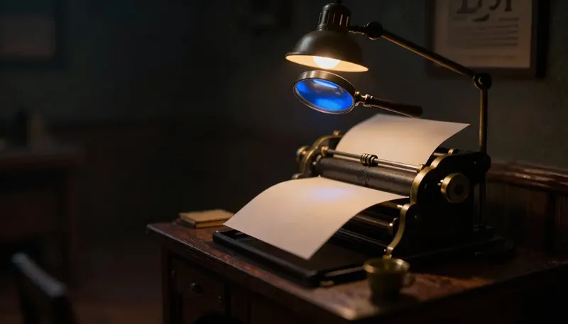 Miniature night diorama: a brass document press feeding a blank sheet under a magnifier whose lens glows cobalt.