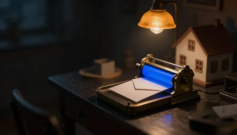 Miniature night diorama: a brass folding machine creasing a blank sheet beside a model house, its roller glowing cobalt.