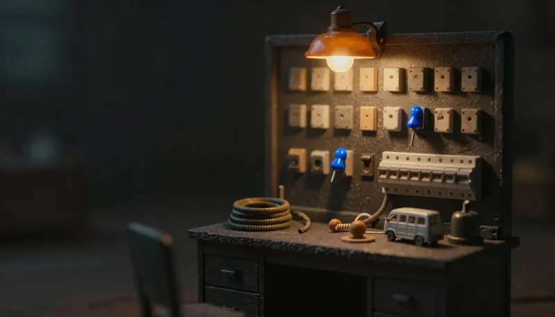 Miniature night diorama: a dispatch desk with a wall board of blank job pegs and tiny service-van tokens under an amber lamp, a drain snake and a breaker panel on the bench, one cobalt peg sliding into a truck row.