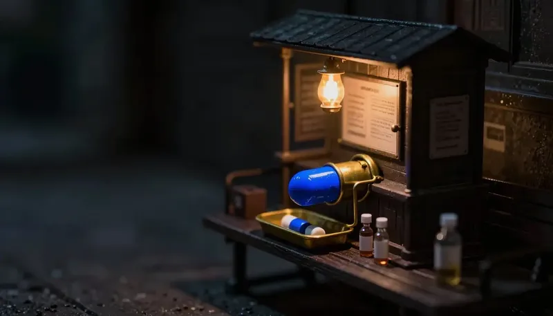 Miniature night diorama: a brass pneumatic tube station loaded with a capsule beside a vial tray, its lever glowing cobalt.