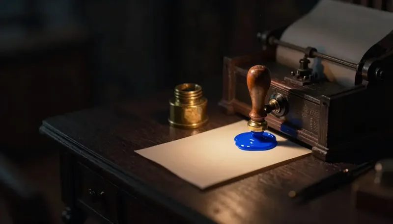 Miniature night diorama: a wax-seal press over a folded blank letter, the seal disc glowing cobalt beside an ink well.