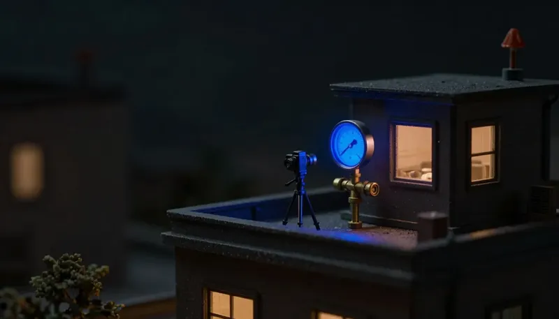 Miniature night diorama: a rooftop HVAC unit with a brass gauge manifold and a small camera on a tripod, one cobalt reading on the manifold.