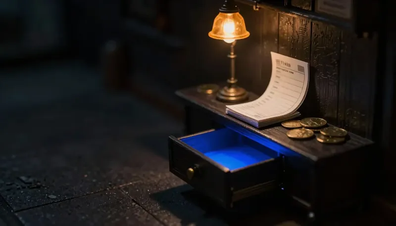 Miniature night diorama: a brass coin rail running from an invoice stack into a cash drawer, the rail glowing cobalt.