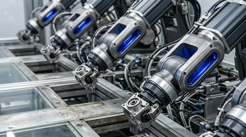 A row of small robotic pick-and-place arms over a shared work surface, each holding a part mid-motion, blue joint indicators.