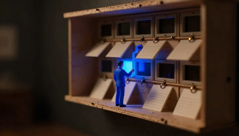 A glowing blue pipe connects a shelf of customer record cards to a pigeonhole rack, representing an AI agent linking into a CRM.