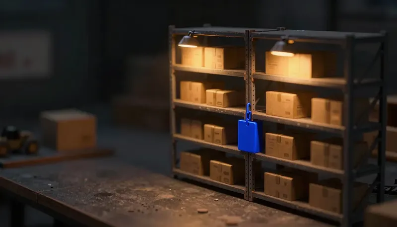 Miniature night diorama: close-up of a newly fitted cobalt coupling rail joining a storefront box to a heavy ledger cabinet, parcels bokeh