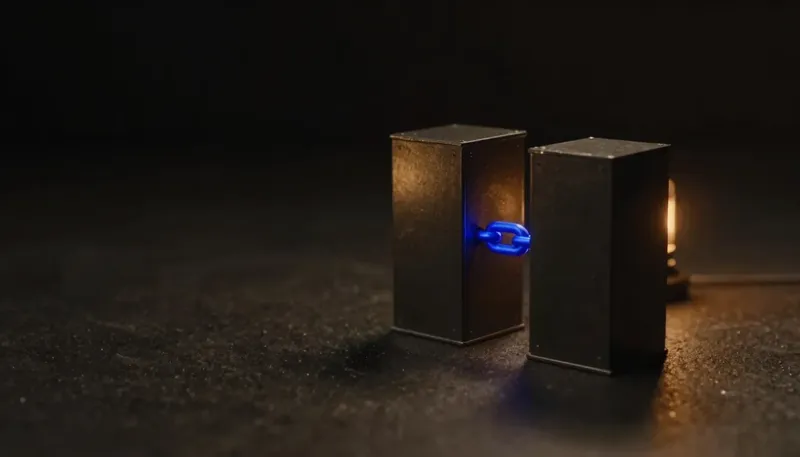 Miniature night diorama: close-up of a cobalt coupling rail carrying blank tickets from a kitchen pass rail into a ledger drawer, heat lamps amber