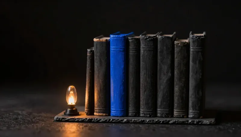 Miniature night diorama: close-up of an hourglass beside a quote rail where blank forms accelerate along a cobalt track past policy binders