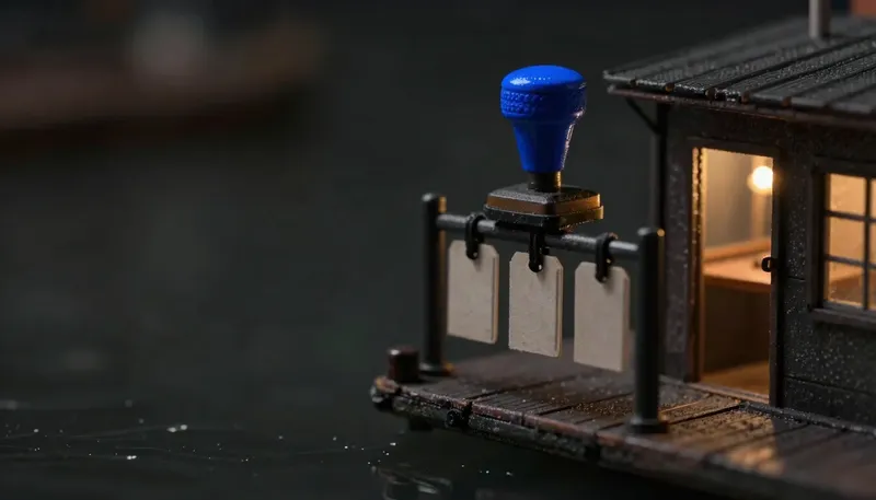 Miniature night diorama: close-up of a permit stamp gate on a dock rail, blank permit tags hanging, the stamp head glowing cobalt