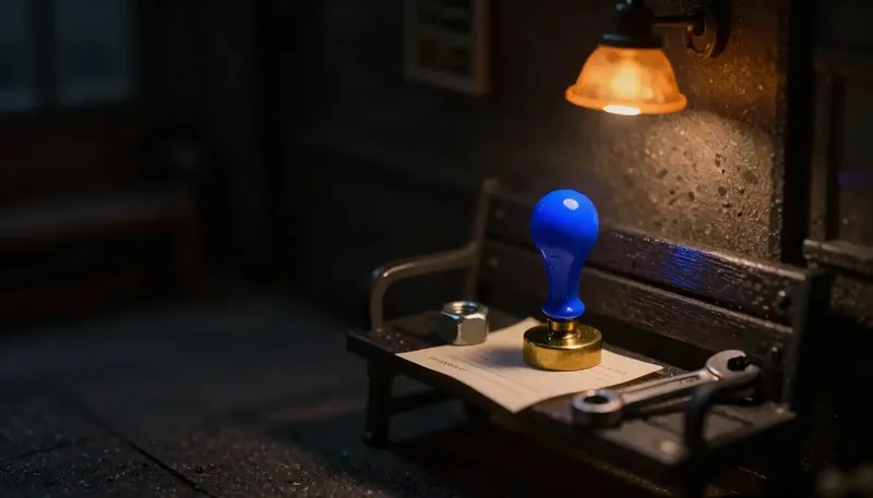 Miniature night diorama: a brass stamp poised over a blank estimate slip with a wrench nearby, its plunger cobalt.