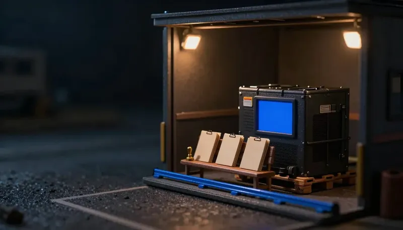Miniature night diorama: a crated furnace on a pallet at a loading dock beside a bench of blank folders and a brass stamp, one cobalt rail along the bench.