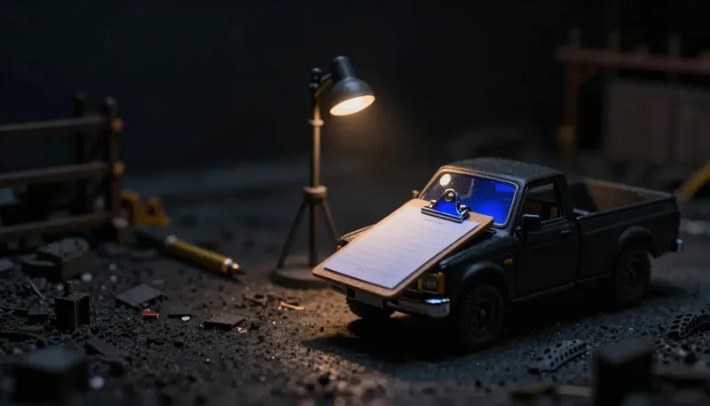 Miniature night diorama: a clipboard and brass pen on a miniature pickup dashboard at night, the clip glowing cobalt.