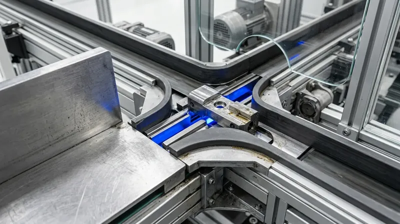 Two industrial conveyor lines merging at a single junction where a part transfers between them, blue transfer light.