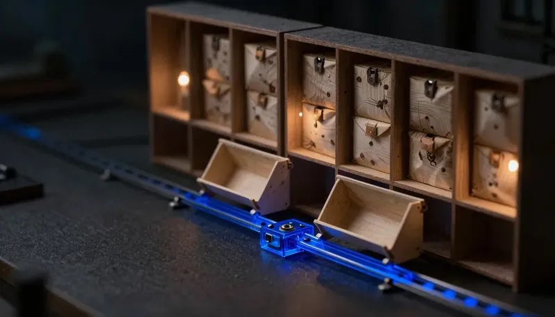 A miniature sorting room shows two chutes being moved onto a new glowing blue rail while the rest stay untouched, illustrating a selective migration rather than a full rebuild.