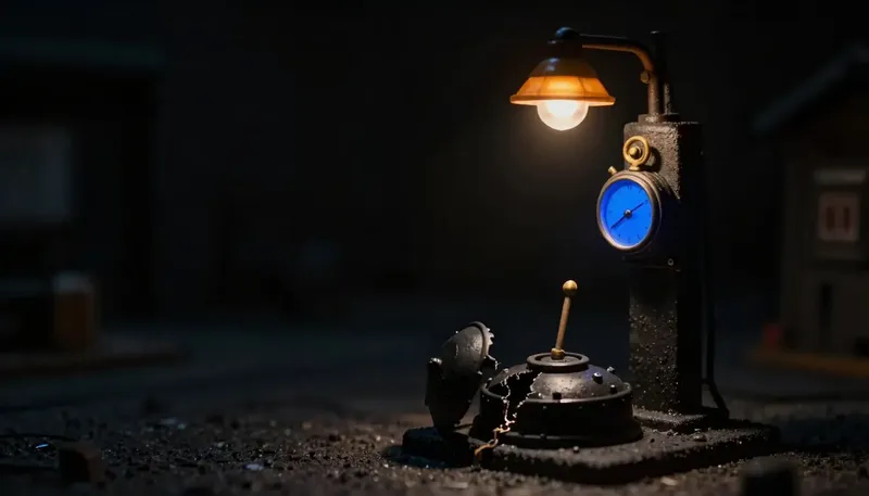 Miniature night diorama: a tank hatch with a dipstick beside a brass punch clock whose lever glows cobalt.