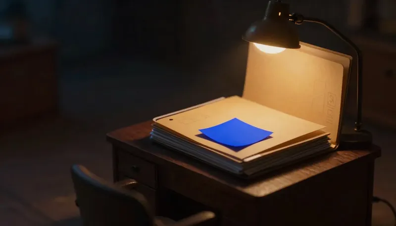 Miniature night diorama: a stack of blank proposal folders on a comfort advisor's desk, the top one open under an amber lamp, one cobalt tag mid-stack.