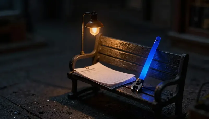 Miniature night diorama: a spike file thick with folded blank estimates beside a pipe wrench, the spike glowing cobalt.
