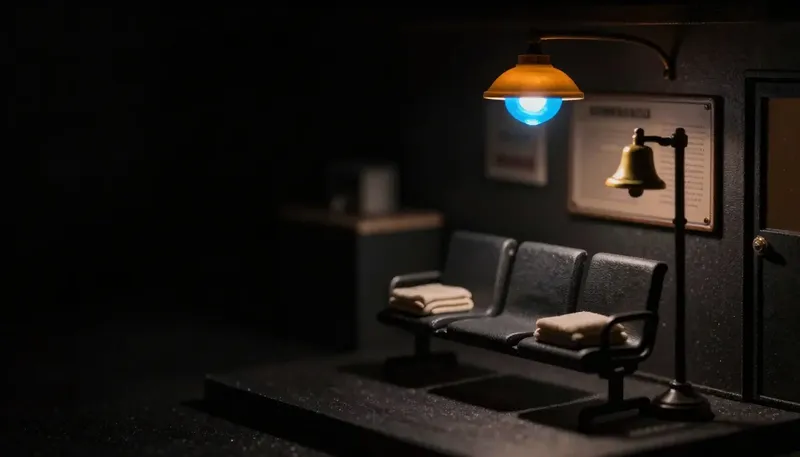 Miniature night diorama: a clinic waiting bench with one empty seat and a brass call bell whose dome glows cobalt.