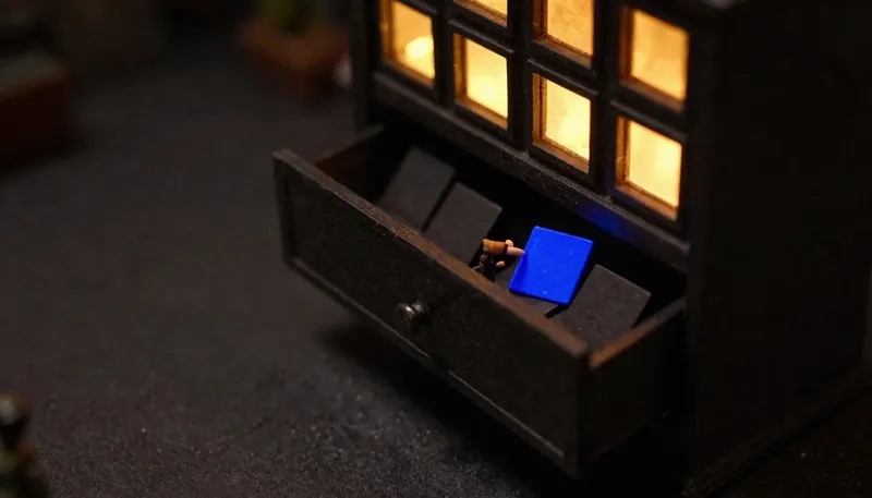Miniature night diorama: close-up of a candidate index drawer sliding open by itself, cards fanned under a cobalt retrieval arm