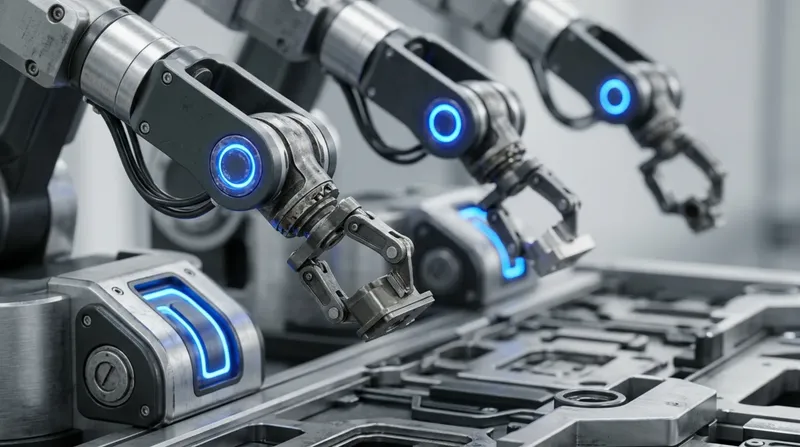 A row of small robotic pick-and-place arms over a shared work surface, each holding a part mid-motion, blue joint indicators.