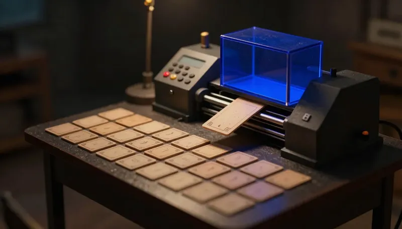 A miniature workbench with a glowing blue grading box testing cards before the machine even runs shows building the test set before launch instead of after an incident.