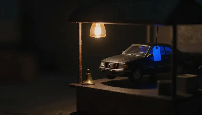 Miniature night diorama: a car on a lift under one amber lamp with a counter bell, a cobalt tag on its mirror.
