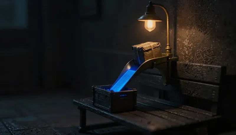 Miniature night diorama: a brass Y-chute splitting one parcel run into two crates, its dividing blade glowing cobalt.