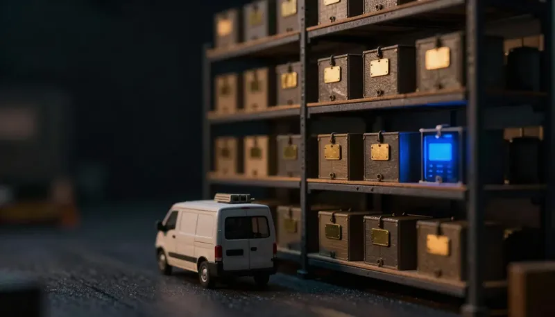 Miniature night diorama: a warehouse shelf of crated condensers and coil boxes, a service van backed up, brass tags on each crate, one tag glowing cobalt.