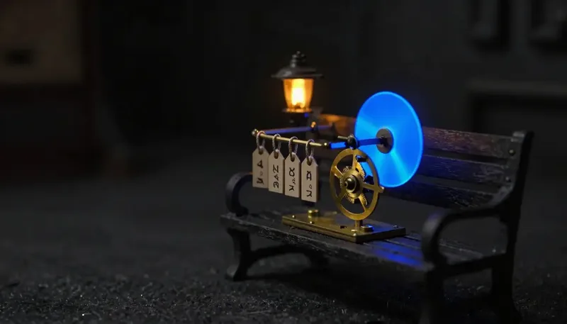 Miniature night diorama: a brass clock escapement with hanging case tags, its swinging pallet glowing cobalt.