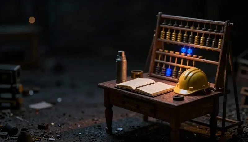 Miniature night diorama: a site table with a logbook, abacus and hard hat under amber site lamps, one bead glowing cobalt.