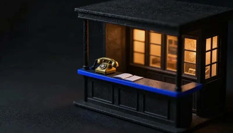 Miniature night diorama: a hotel reception with a brass telephone and closed ledger, amber windows behind, cobalt edge light.