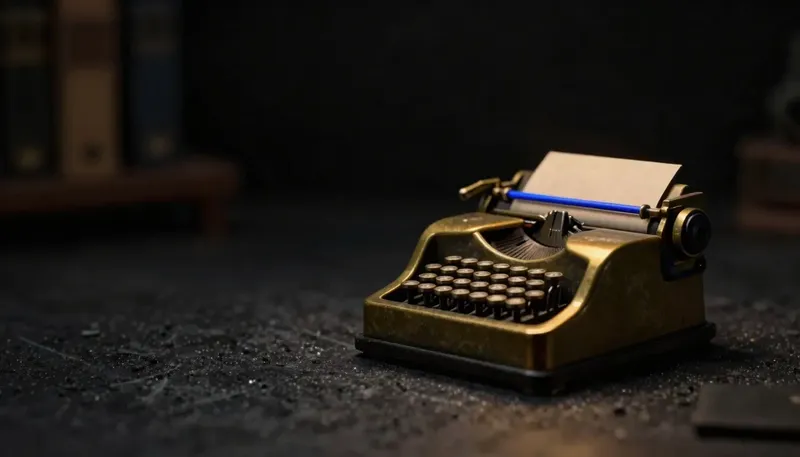 Miniature night diorama: close-up of an adding machine with a new cobalt drive belt, ledger stacks warm under a desk lamp